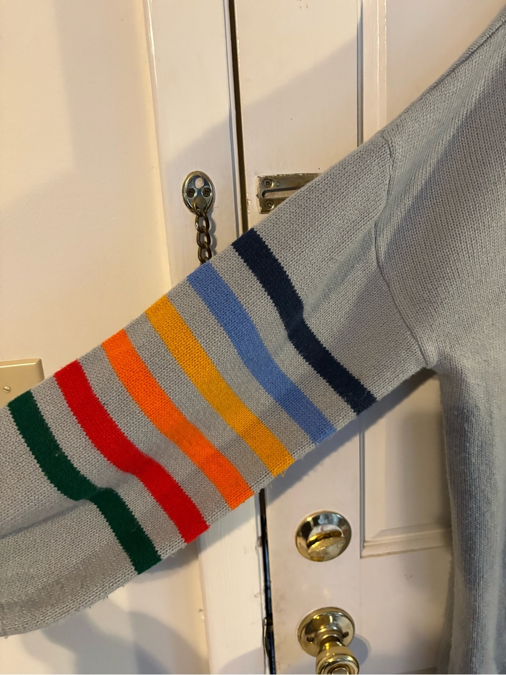 Light Gray Women's Open Cardigan with Rainbow Sleeve Stripes - Picture 3 of 6